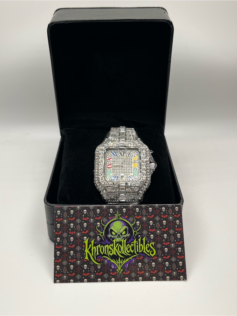 Moissanite Accent Gem-Set Square Analog Wristwatch Roman Numerals w/ Box